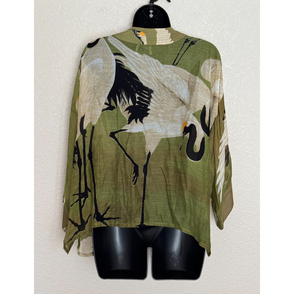 One Hundred Stars Short Kimono Jacket Bird Crane Print Asian Cover Up Open O/S - Picture 5 of 9